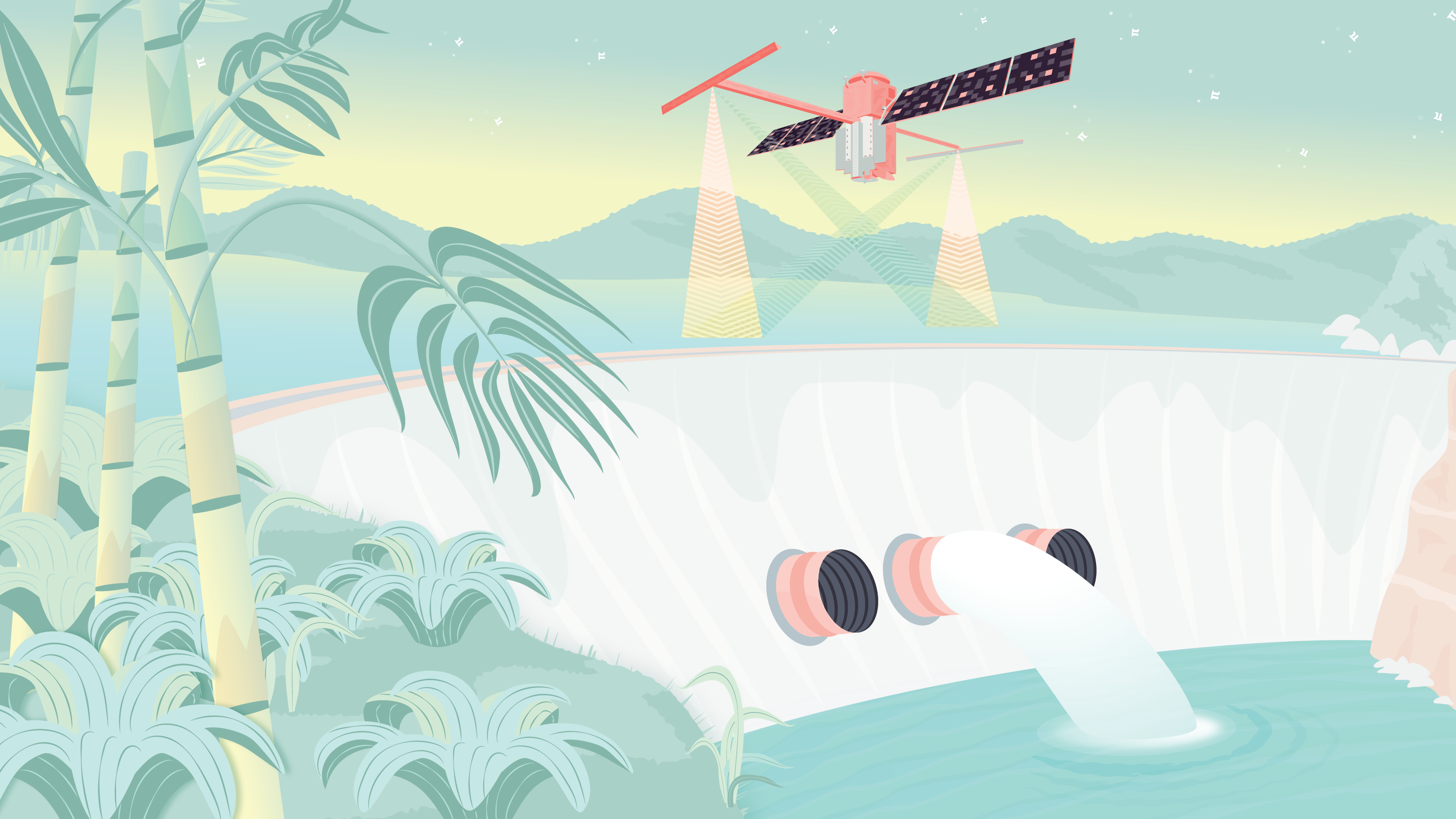 In this whimsical tropical scene, triangular radar beams extend down and bounce back up from either side of the SWOT spacecraft as it flies over a reservoir blocked by a dam. Water flows from one of the cylindrical pipes set into the wall of the dam.