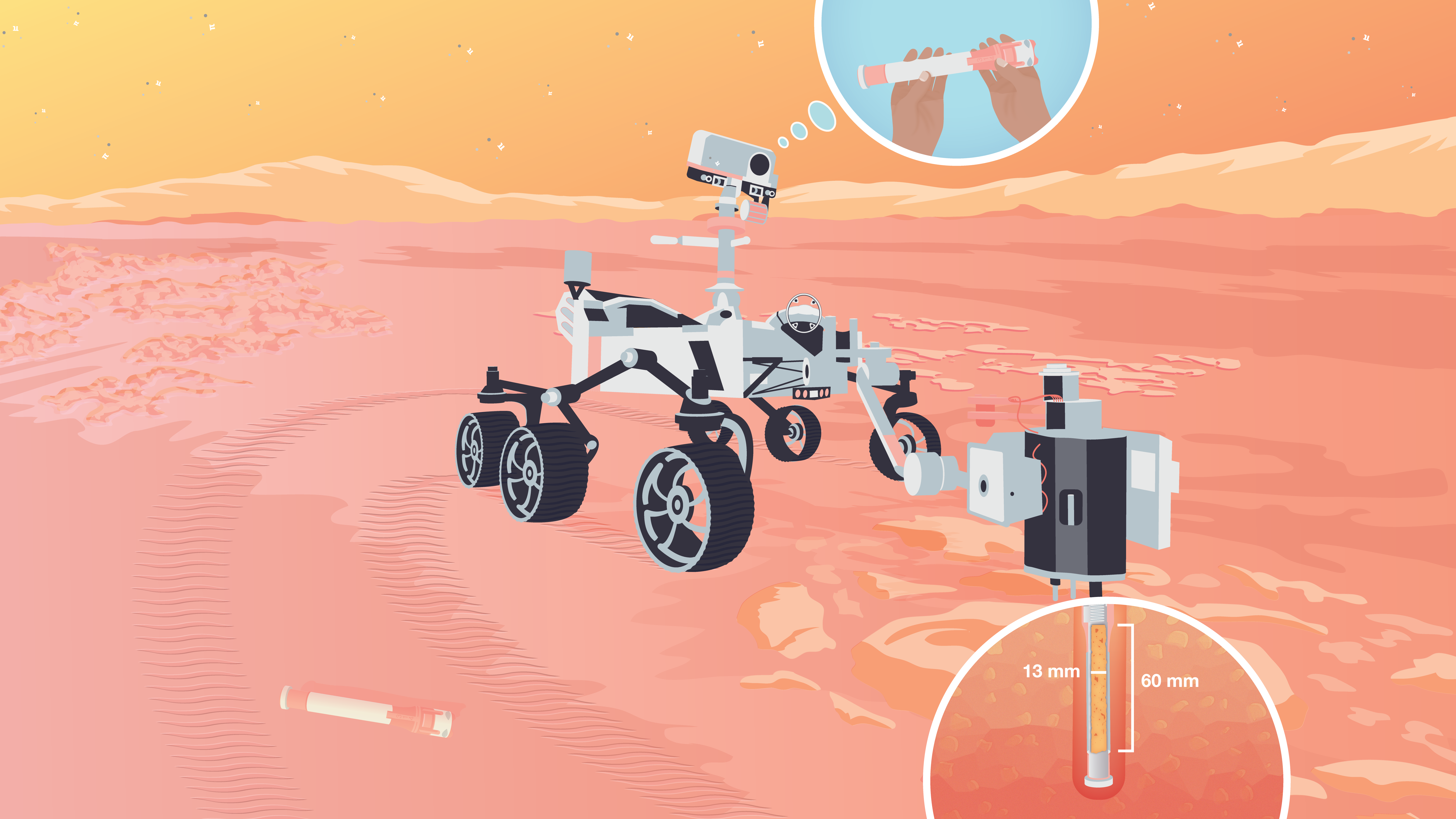 The center of the image shows an illustration of the Perseverance Mars rover with its robotic arm stretched out to the right, touching a rock on the ground. An inset in the lower right shows a cutaway of a coring bit filled with a rock sample measuring 13 mm wide and 60 mm tall. In the lower left a sealed sample tube is shown on the ground next to the rover. A thought bubble showing hands holding a sample tube is coming from the top of the rover's mast. The text of the Tubular Tally problem is shown on the left.
