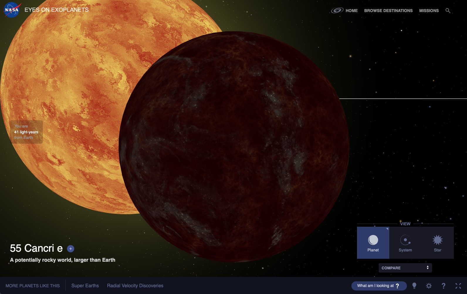 The shadowed side of a lava-encrusted planet faces forward while its glowing organge star looms behind it. Orbit lines and various controls are shown along the sides of the image.