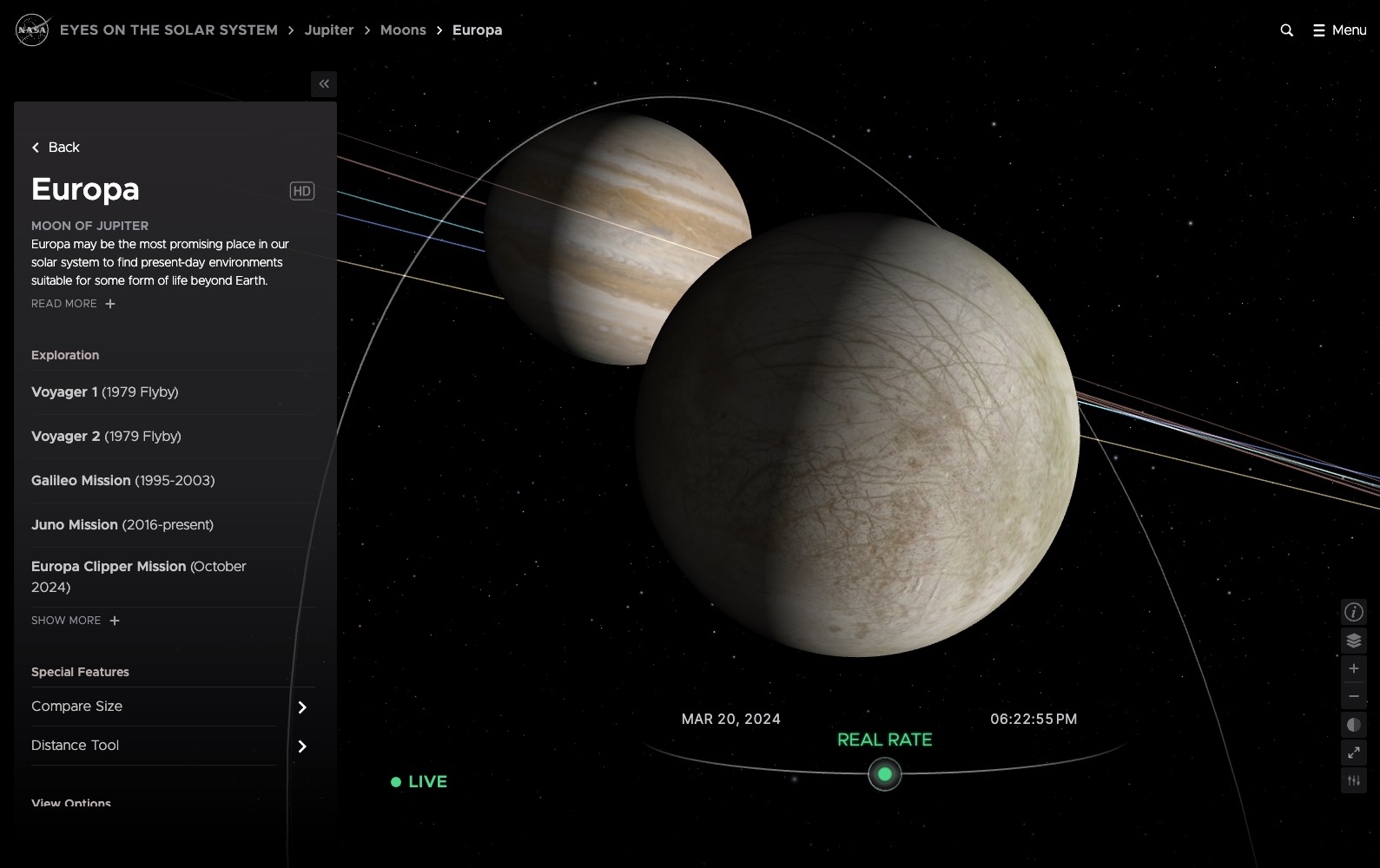 Jupiter and its moon Europa are shown in the foreground with various orbits lines for other planets and objects in the solar system behind them. Controls and toggles line the sides of the image.