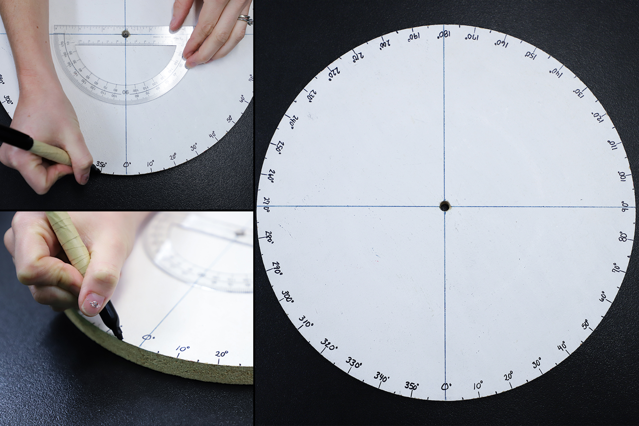 Collage of images showing the calibrated scale being made