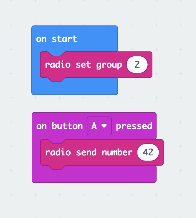 Screengrab of Makecode script with 'radio set group (2)' inside the 'on start' code block followed by 'radio send number 42' inside the 'on button A pressed' code block.