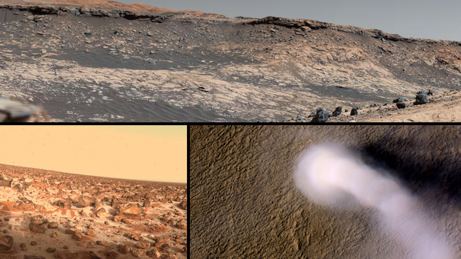 A collage of images of Mars shows a rocky, hilly landscape, an overhead view of a dust devil moving across brown plains, and a rock-filled slope with patches of white frost.