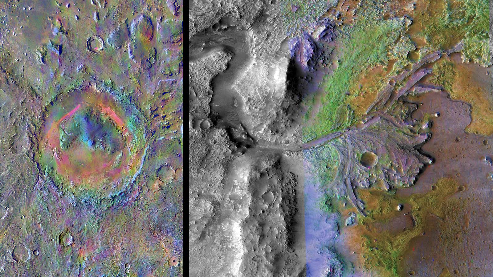 Side-by-side overhead images of Gale crater, a large circular crater with an elevated area in the center, and Jezero crater, which features a snake-like groove that ends with a fan of material. Both images are black-and-white with various blues, greens, yellows, and reds overlayed to show the presence of various minerals.