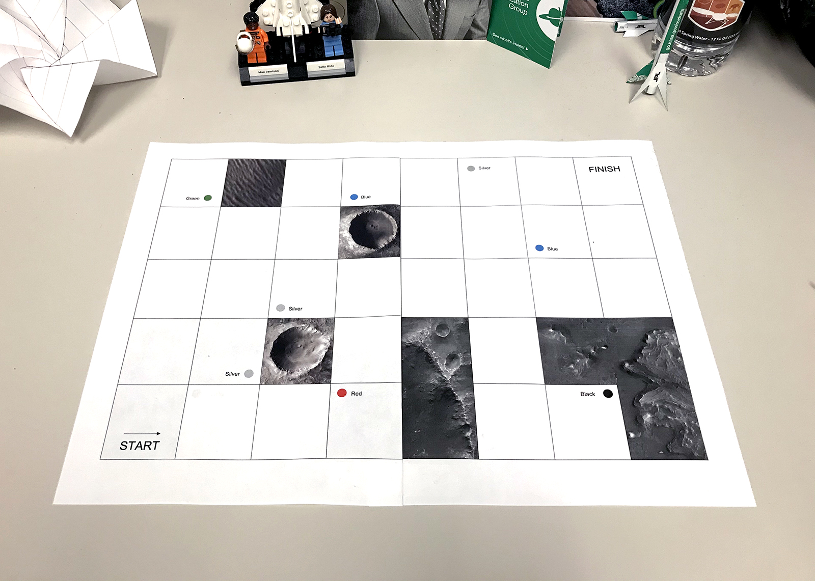 Photo of the two pages from the game board document taped together side by side