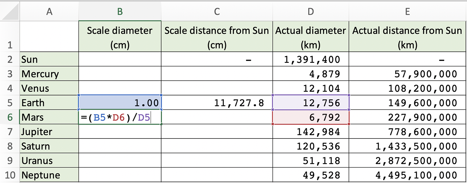 Spreadsheet screengrab of Step 7 showing the formula =(B5*D6)/D5 being added.