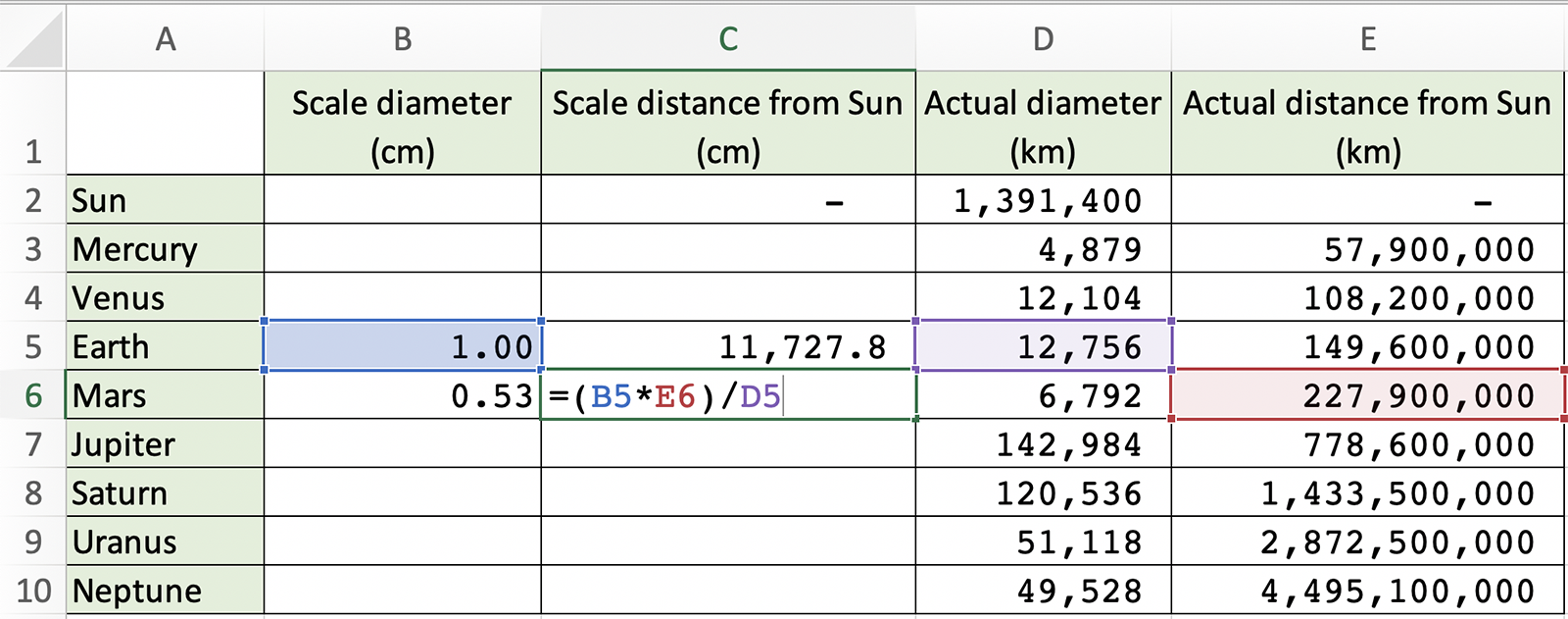 Spreadsheet screengrab of Step 8 showing the formula =(B5*E6)/D5 being added