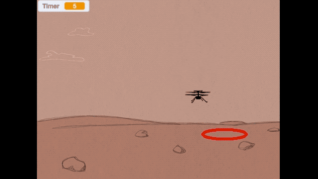 Animated screenshot of an example Mars Helicopter Video Game on Scratch