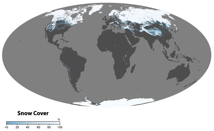 A flat projection of Earth shows snow cover is the hightest in the northermost latitudes and in Antarctica. There is almost no snow cover below the top quarter of the map until Antarctica.