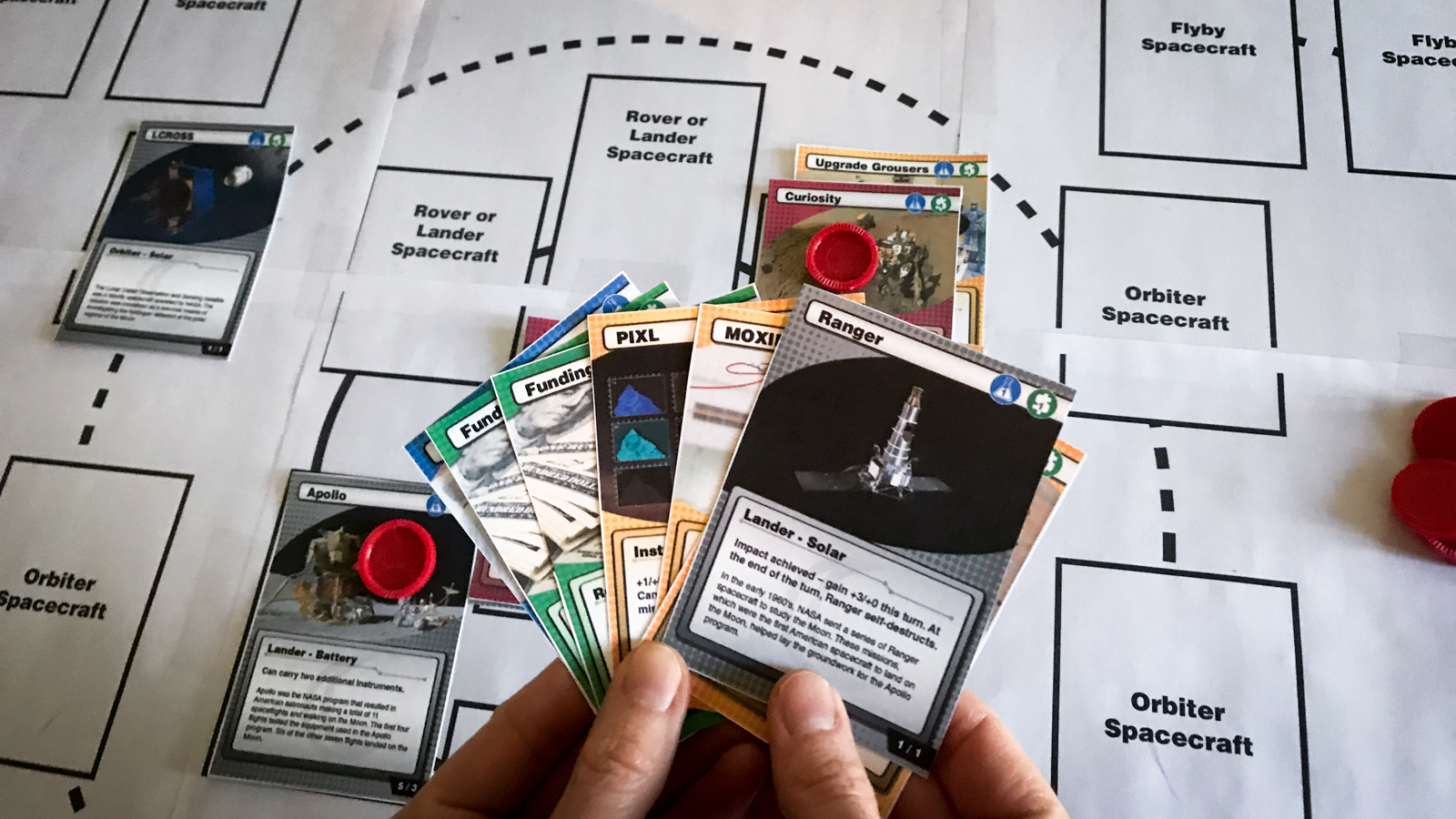 A person holds seven cards over the Space Voyagers game mat.