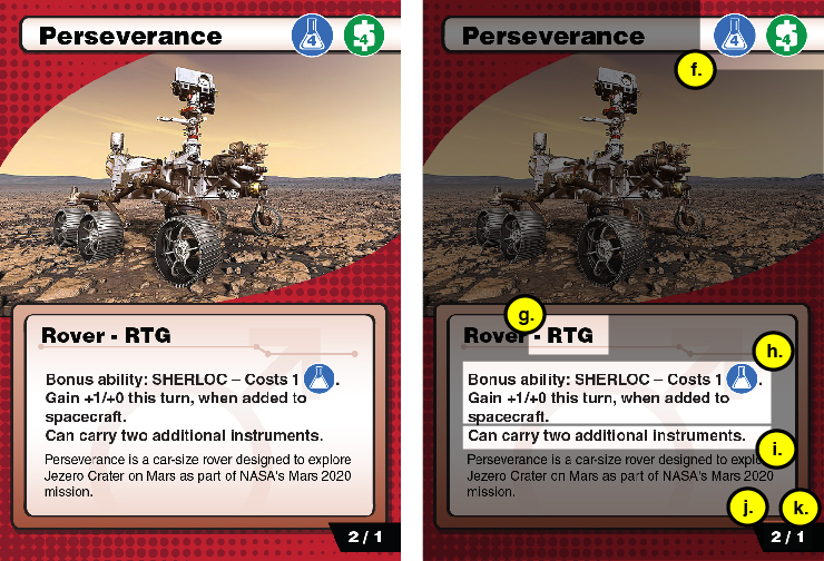 Spacecraft card shown with costs, power source, bonus ability, additional instrument allowance, research value, and durability highlighted.