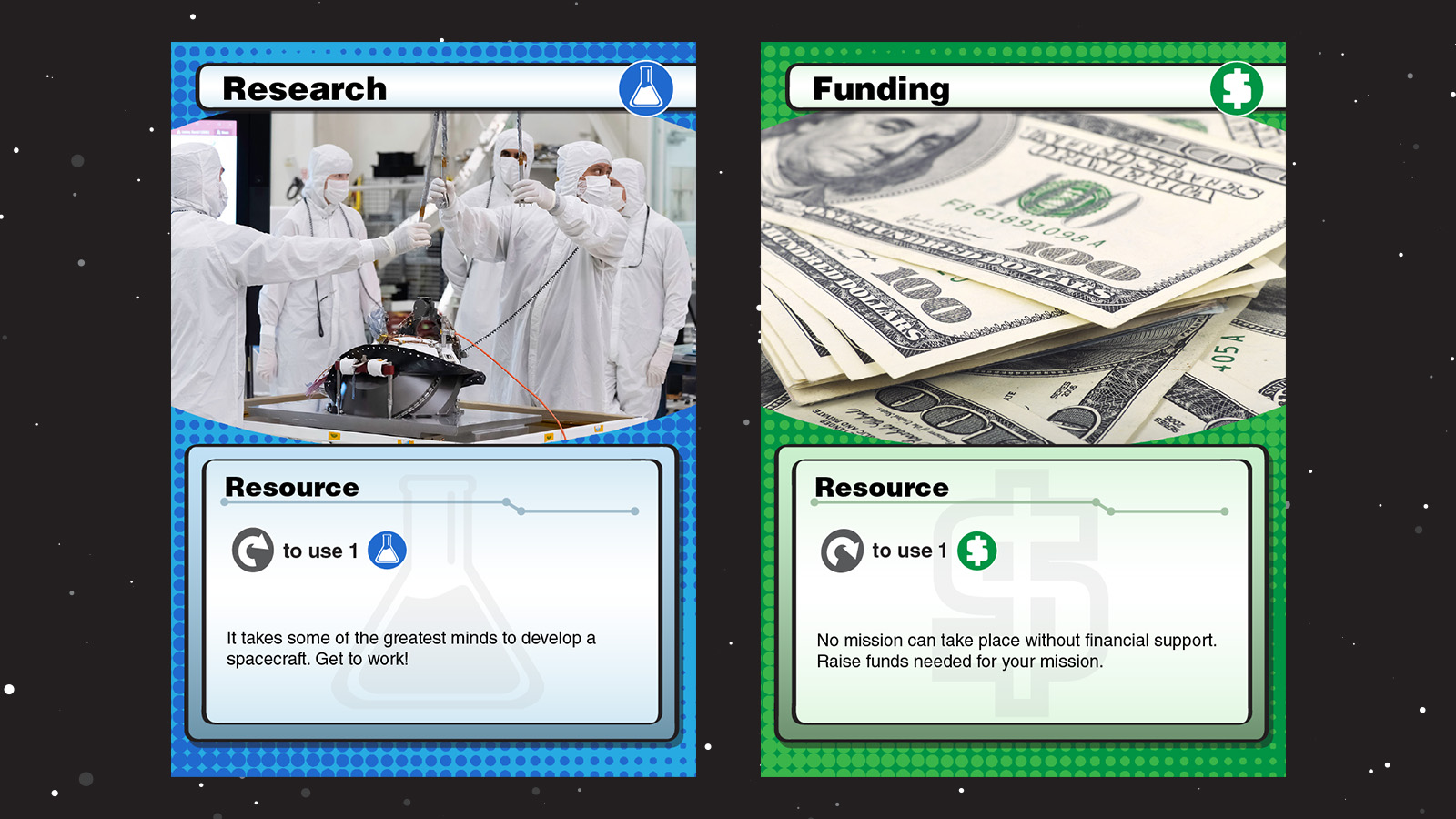 A graphic showing the blue resources card with a beaker icon and the green funding card with a dollar sign.