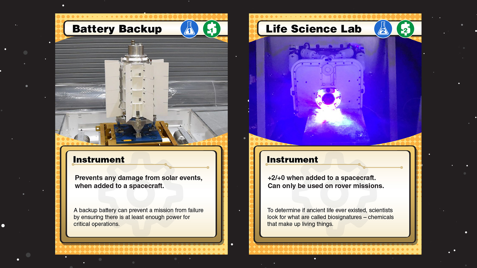 A graphic showing two instruments cards titled Battery Backup and Life Science Lab.