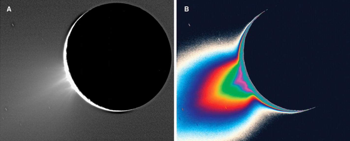 Side-by-side image of Saturn's moon Enceladus in black and white and colorized to highlight the various particles shooting from the moon