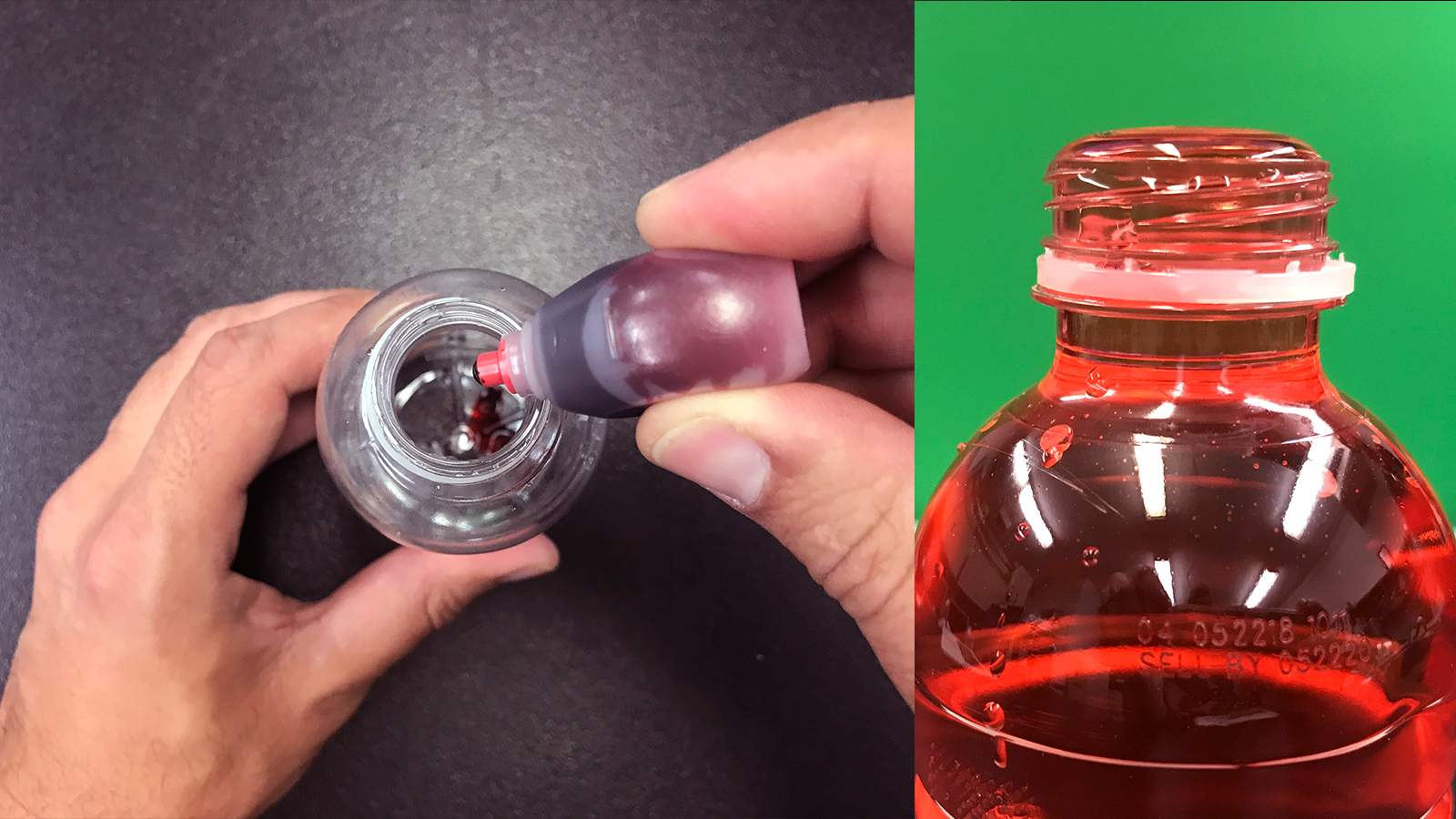 Adding food coloring to the water bottle and filling it with water