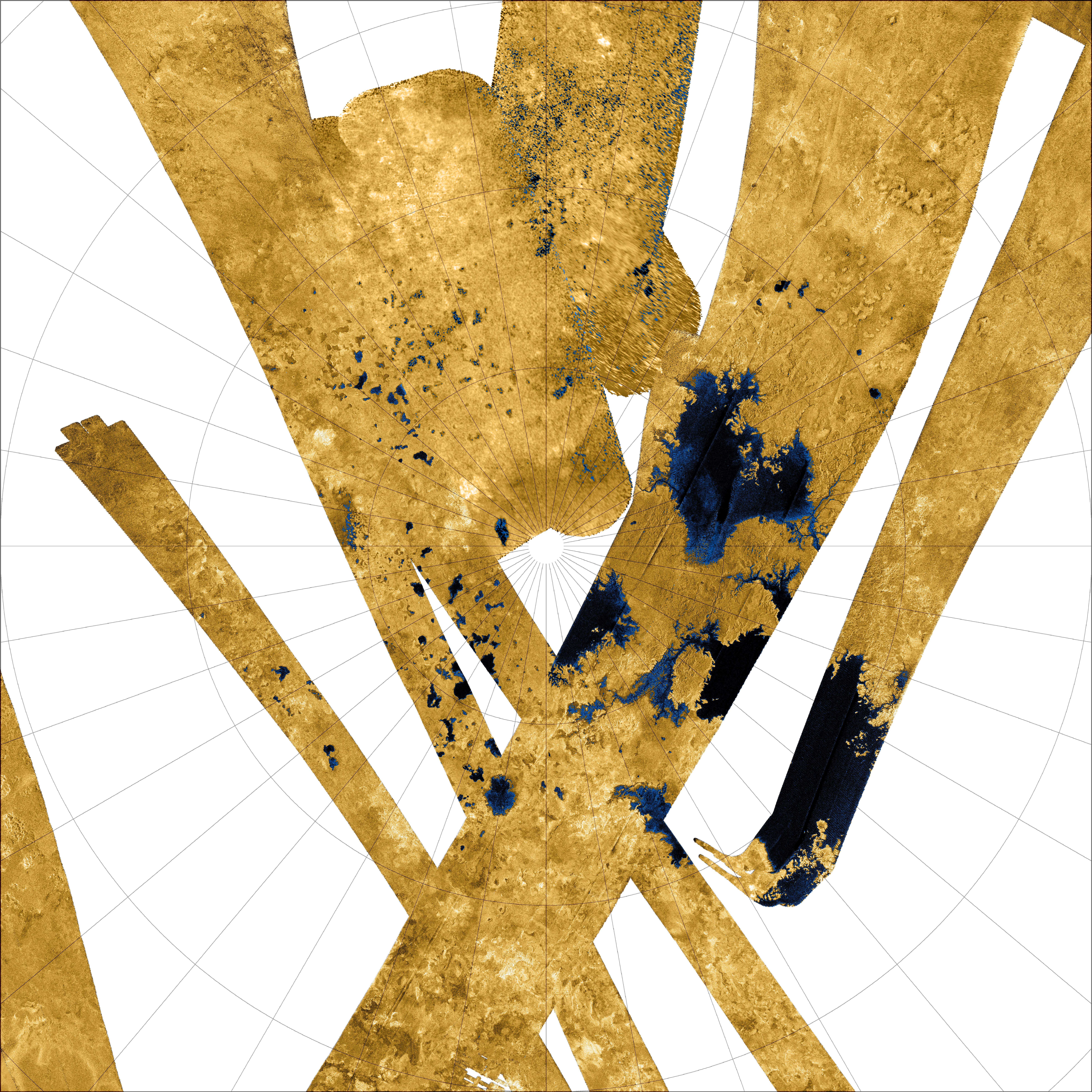 Overlapping diagonal strips of images overlaid on a spherical grid include several dark splotches with snake-like sections branching off from them, very similar to the silhouette of a lake or sea on Earth.