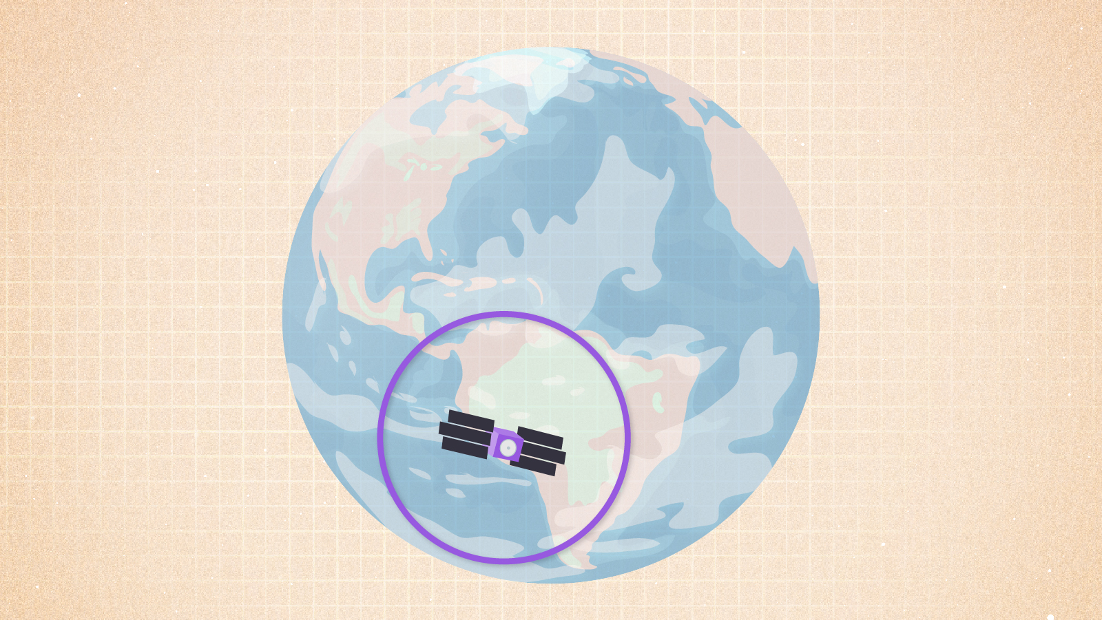 A satellite with a purple circle around it is shown above Earth.