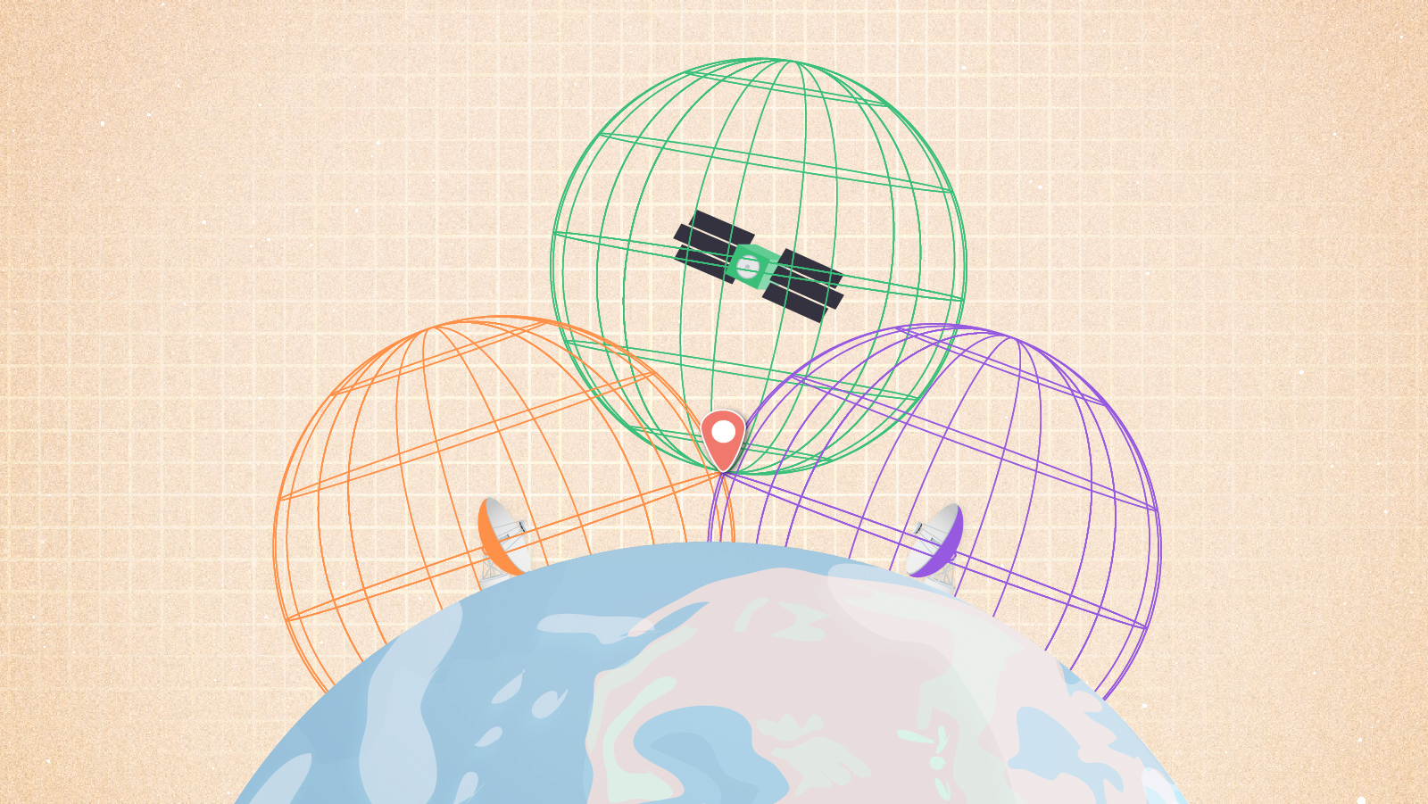 Spheres extending from two antennas on Earth and a satellite above Earth intersect at a point marked with a flag.