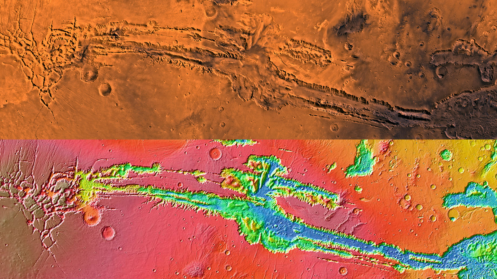 A long, deep, scar-like canyon runs across the length of both images. The center of the canyon is a deep blue, indicating a low relative altitude, while the area surrounding the canyon is red and white, indicating a higher relative altitude