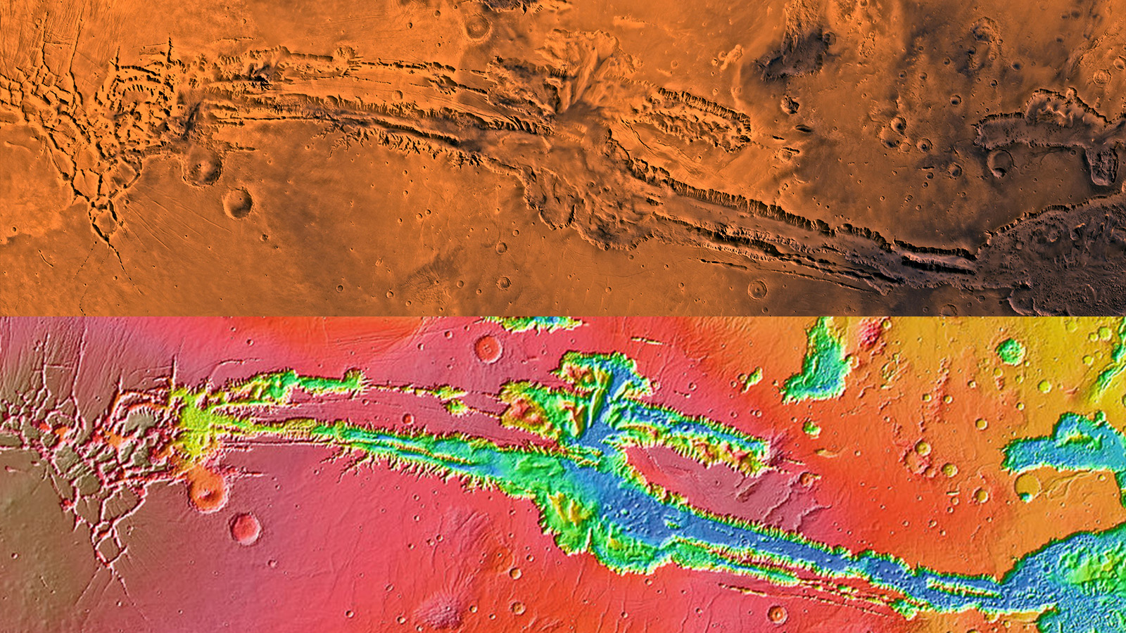 A long, deep, scar-like canyon runs across the length of both images. The center of the canyon is a deep blue, indicating a low relative altitude, while the area surrounding the canyon is red and white, indicating a higher relative altitude