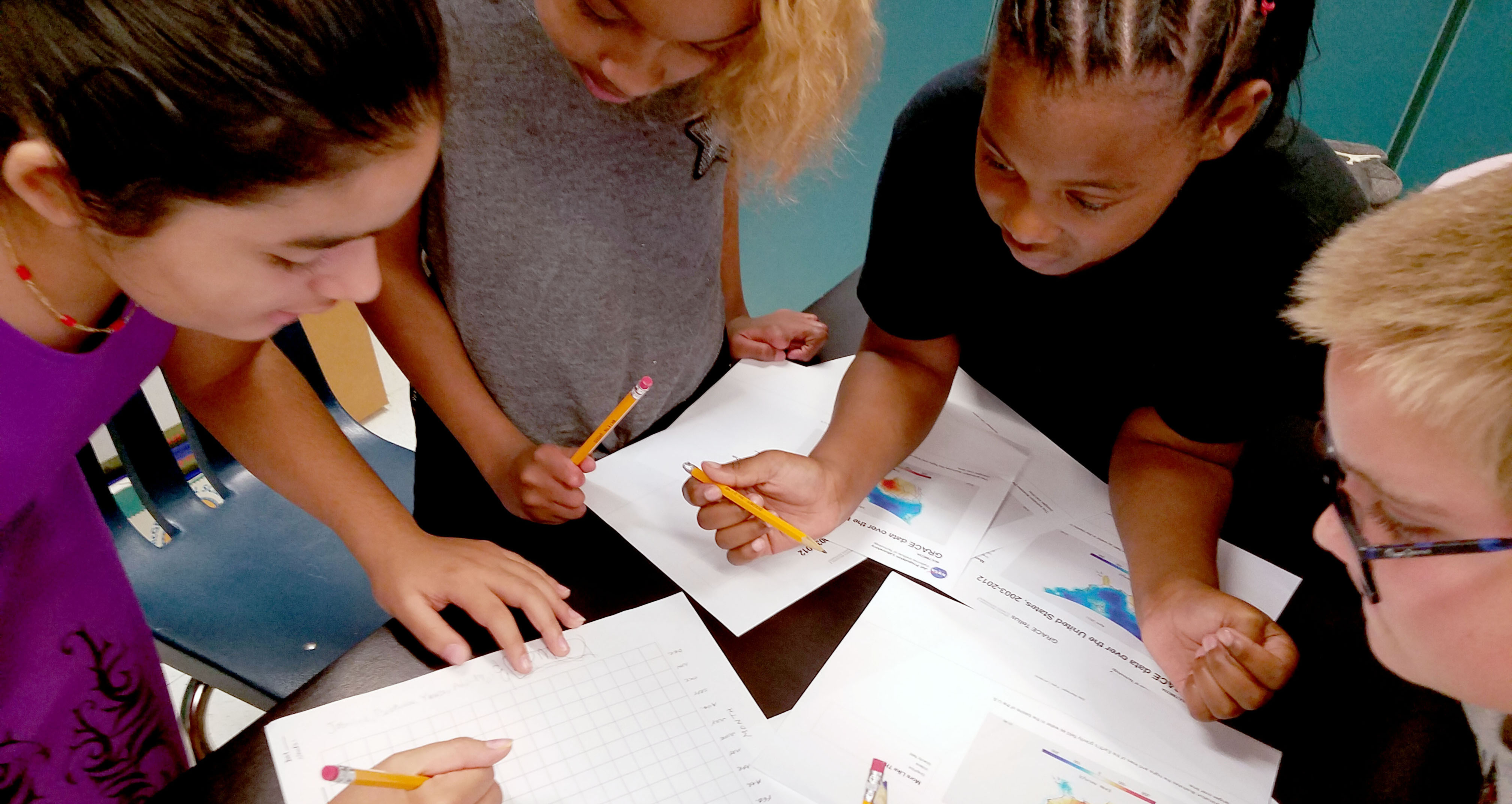 Students crowd around a table holding Earth data worksheets