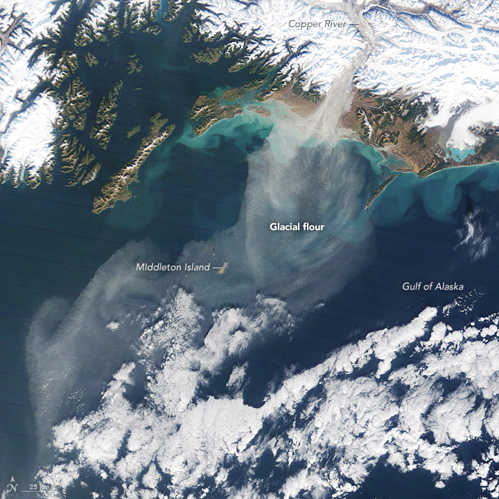 A plume of dust eminates from over the Copper River in Alaska, spreading out as this series of overhead satellite images progresses.