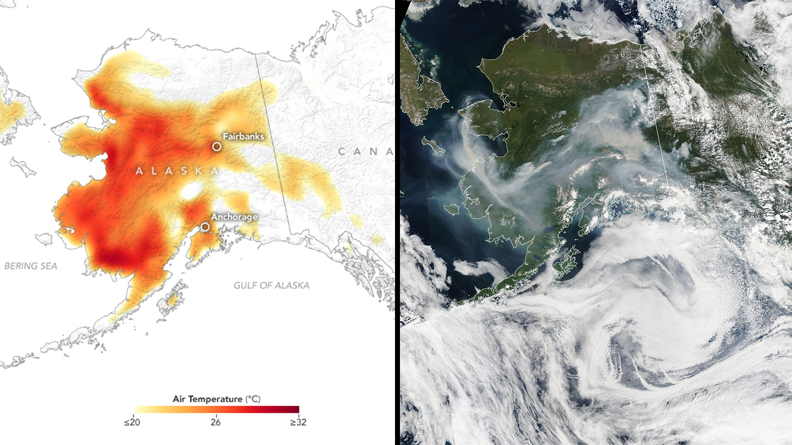 Side-by-side images showing red areas throughout Alaska representing hotter than usual temperatures and a satellite image showing smoke and clouds coming from the same areas