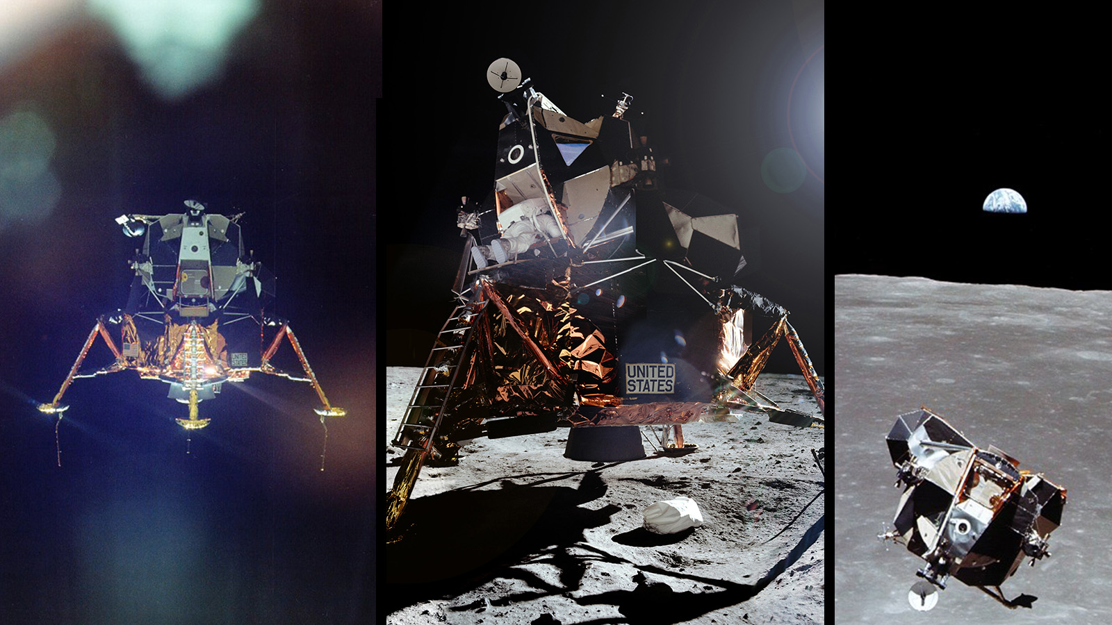 Collage of three images showing the lunar module during its descent to the Moon, on the lunar surface and during its ascent.