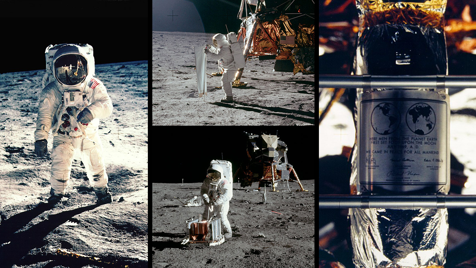 Collage of images showing Buzz Aldrin doing various activities on the Moon.