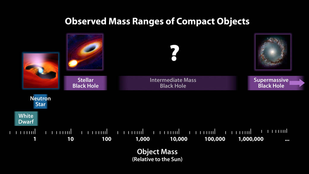 A scale on the bottom shows mass (relative to the Sun) from 1 to 1 million and beyond. Stellar-mass black holes are shown on the left side of the scale between about 10 and 100 solar masses, followed on the right by intermediate-mass black holes from 100 to over 100,000 stellar masses followed by supermassive black holes from about 1 million on.