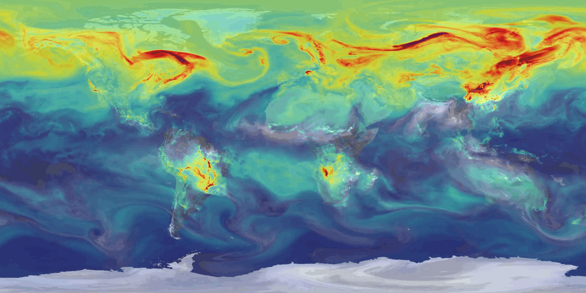 Flat map of Earth with an animation of co2 data overlayed