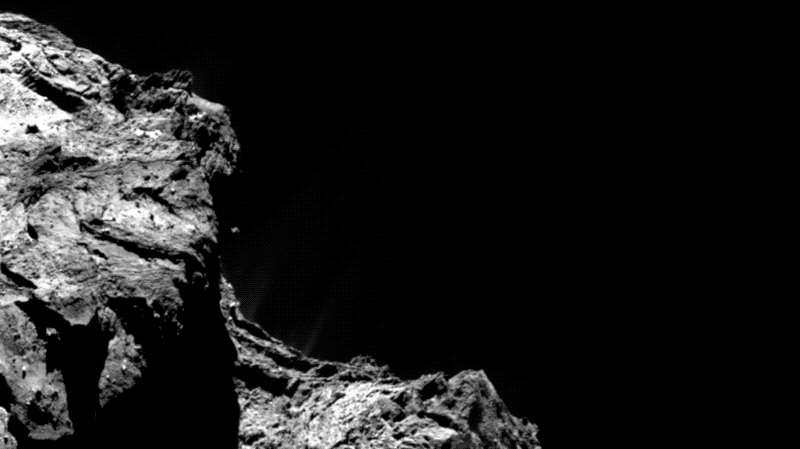 Animated image series of comet 67P/Churyumov-Gerasimenko in which the comet tail can be seen shooting out from the comet as it rotates slightly from the perspective of the Rosetta spacecraft