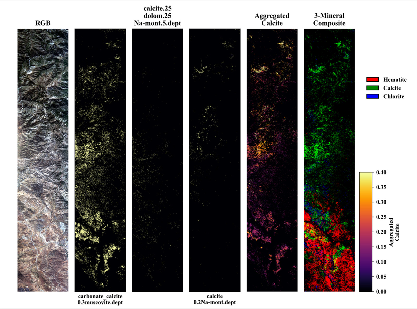 Bands of satellite images looking at a seciton of Earth are highlighted in different colors to reveal different concentrations of minerals.