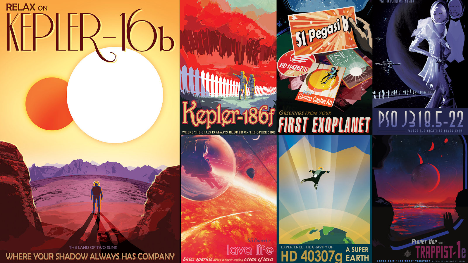 Collage of futuristic posters depicting explorers on various exoplanets.