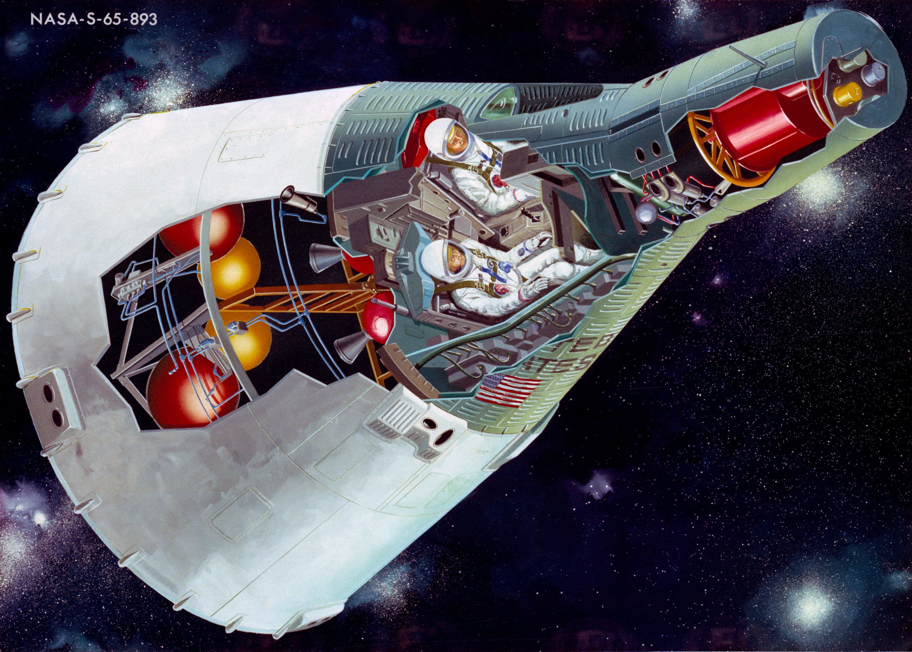 Cutaway illustration of the Gemini spacecraft with two astronauts inside.