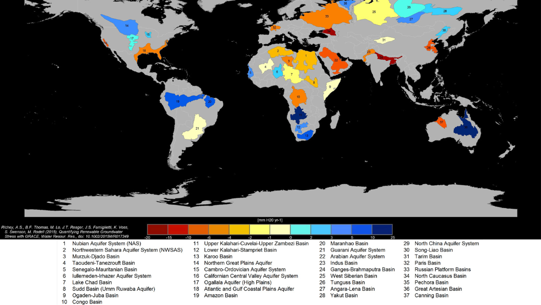 Graphic showing the amount of water in aquifers across Earth as measured by GRACE