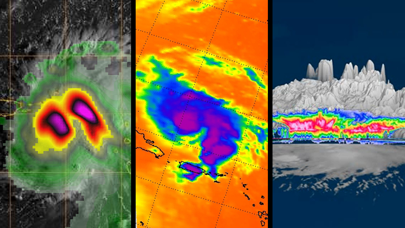 Three side-by-side data images of the hurricane from different perspectives with colors overlayed to represent various science data
