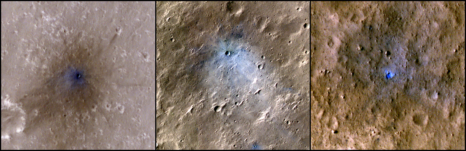 Three overhead images of a brown cratered surfaces with a bright blue-colored crater at the center. Surrounding the crater in each image is a splotch of different colored material sprayed out in all directions.