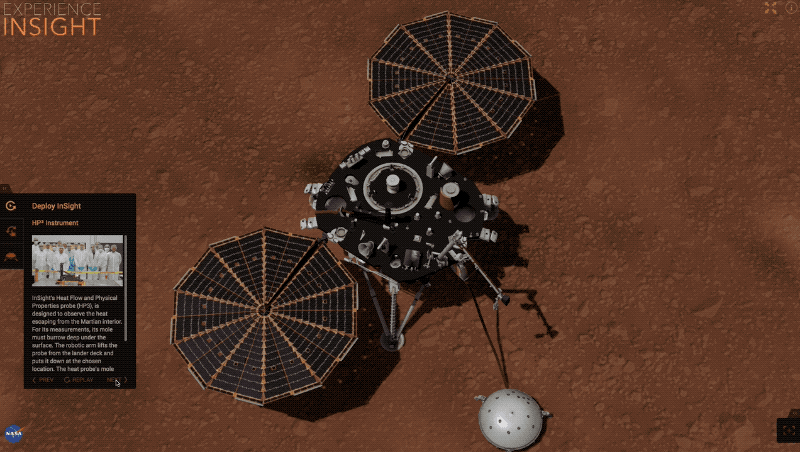 Animation showing InSight lowering HP3 to the surface of Mars with its robotic arm