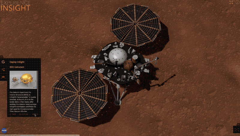 Animation showing InSight lowering SEIS to the surface of Mars with its robotic arm