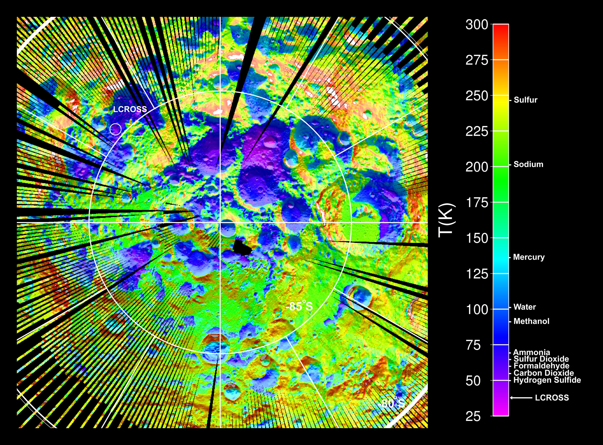 Bright greens, purples and red indicate temperatures of craters on a section of the Moon in this data image