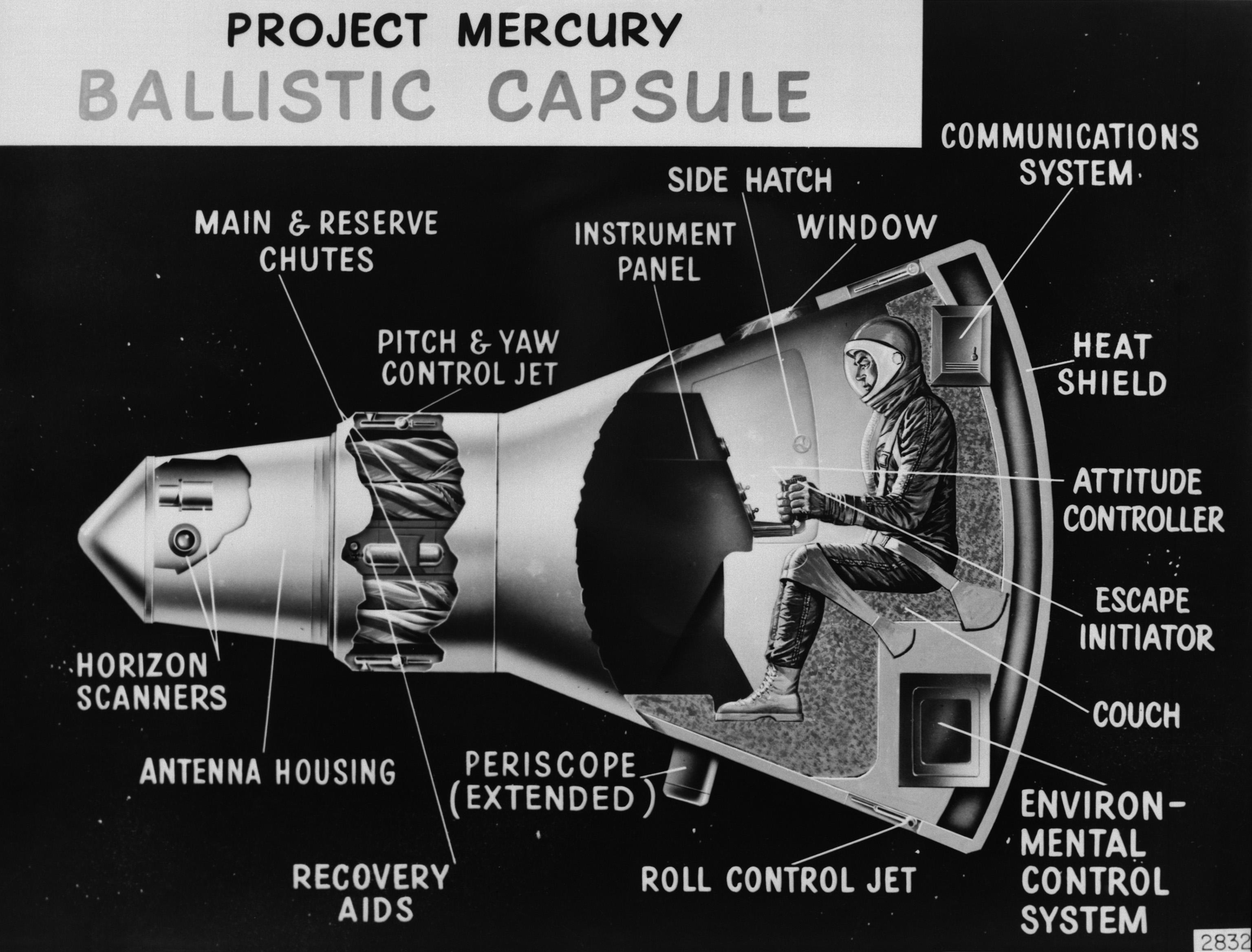 Cutaway illustration of the Mercury capsule with a single astronaut inside.