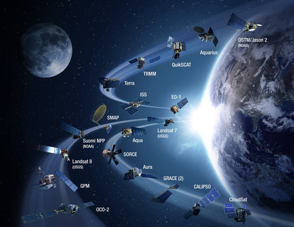 Artist's concept of dozens of satellites circling Earth with a glare from the Sun in the background
