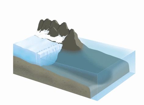 An animation shows a ship passing over the ocean directly in front of a glacier and scanning the sea floor followed by a plane flying overhead and scanning the air.