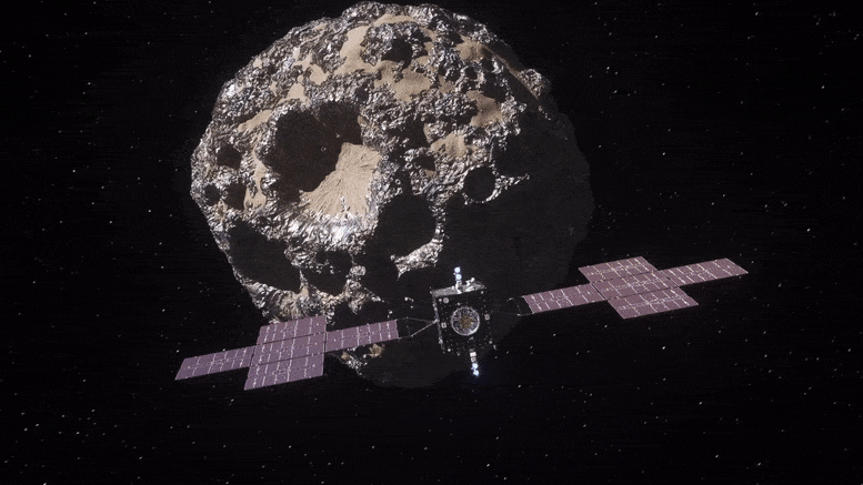 A cube-shaped spacecraft with two long wing-like solar arrays in the shape of crosses flies toward a large asteroid that appears to have patches of rocky and metal material on its surface.