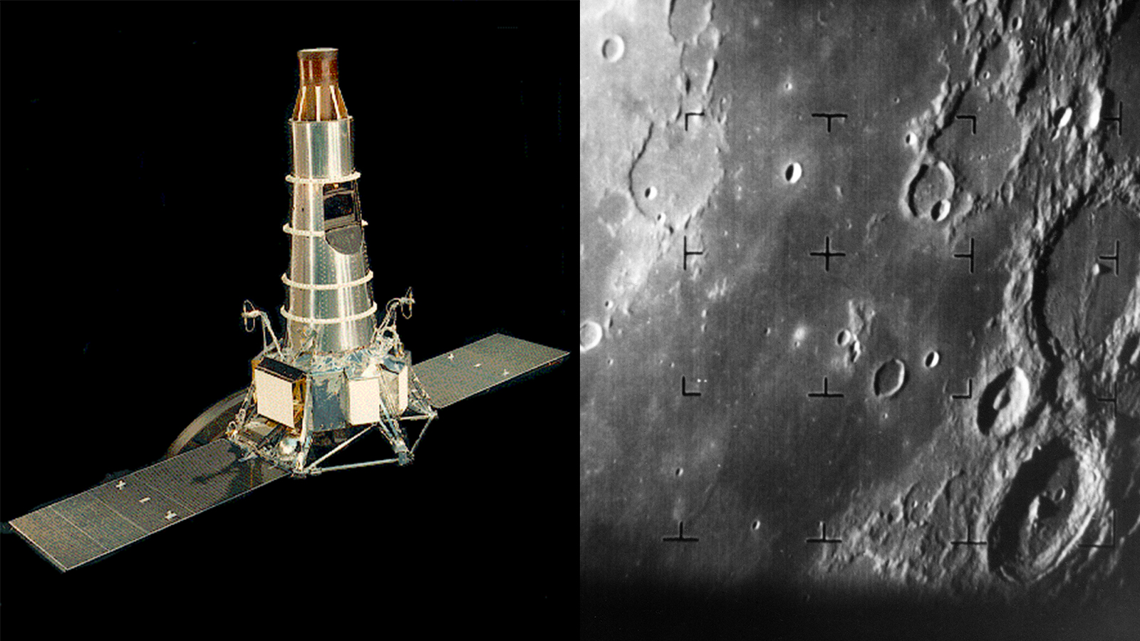 Side-by-side images of a model of the Ranger 7 spacecraft in color and a black and white image of the Moon taken by Ranger 7.
