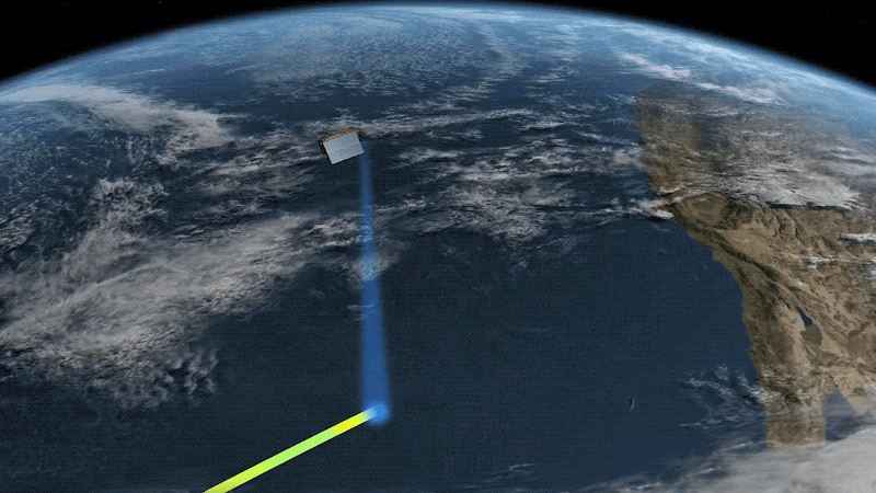 A blue beam extends from the spacecraft down toward Earth as a red dot pulses back and forth between the spacecraft and the surface of the planet.