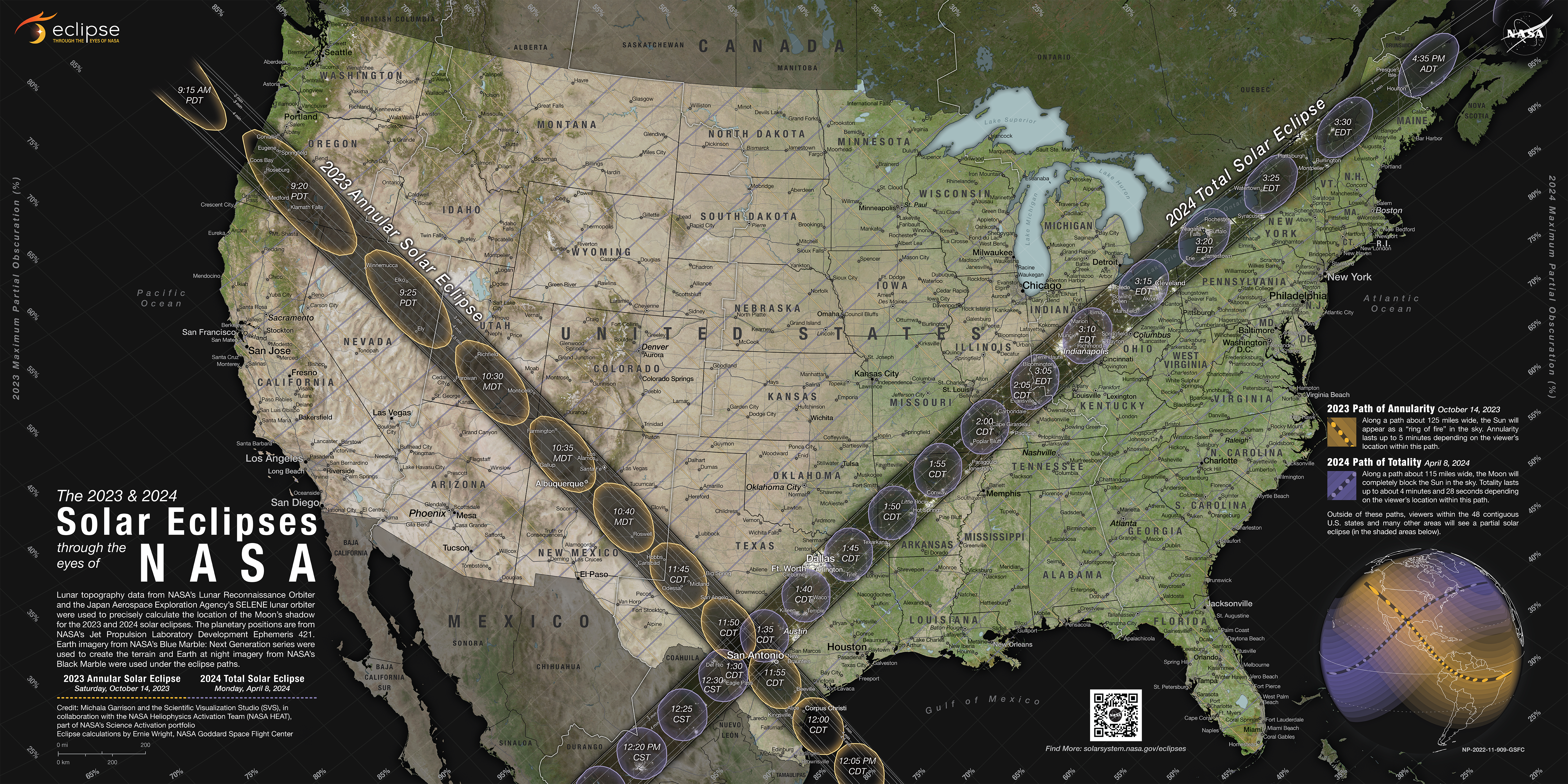 Map of where the October 14 annular eclipse will be visible. Refer to caption for list of locations.