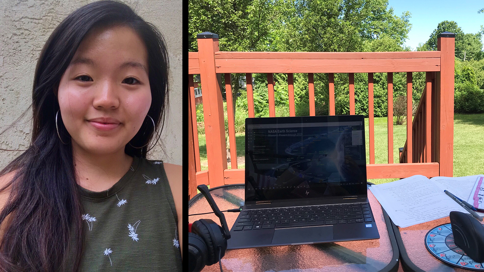 In the image on the left, Sophia Yoo poses for a selfie. In the image on the right, her laptop, mouse, headphones and open notebook are shown at a table outside surrounded by a wooden porch and a green landscape.
