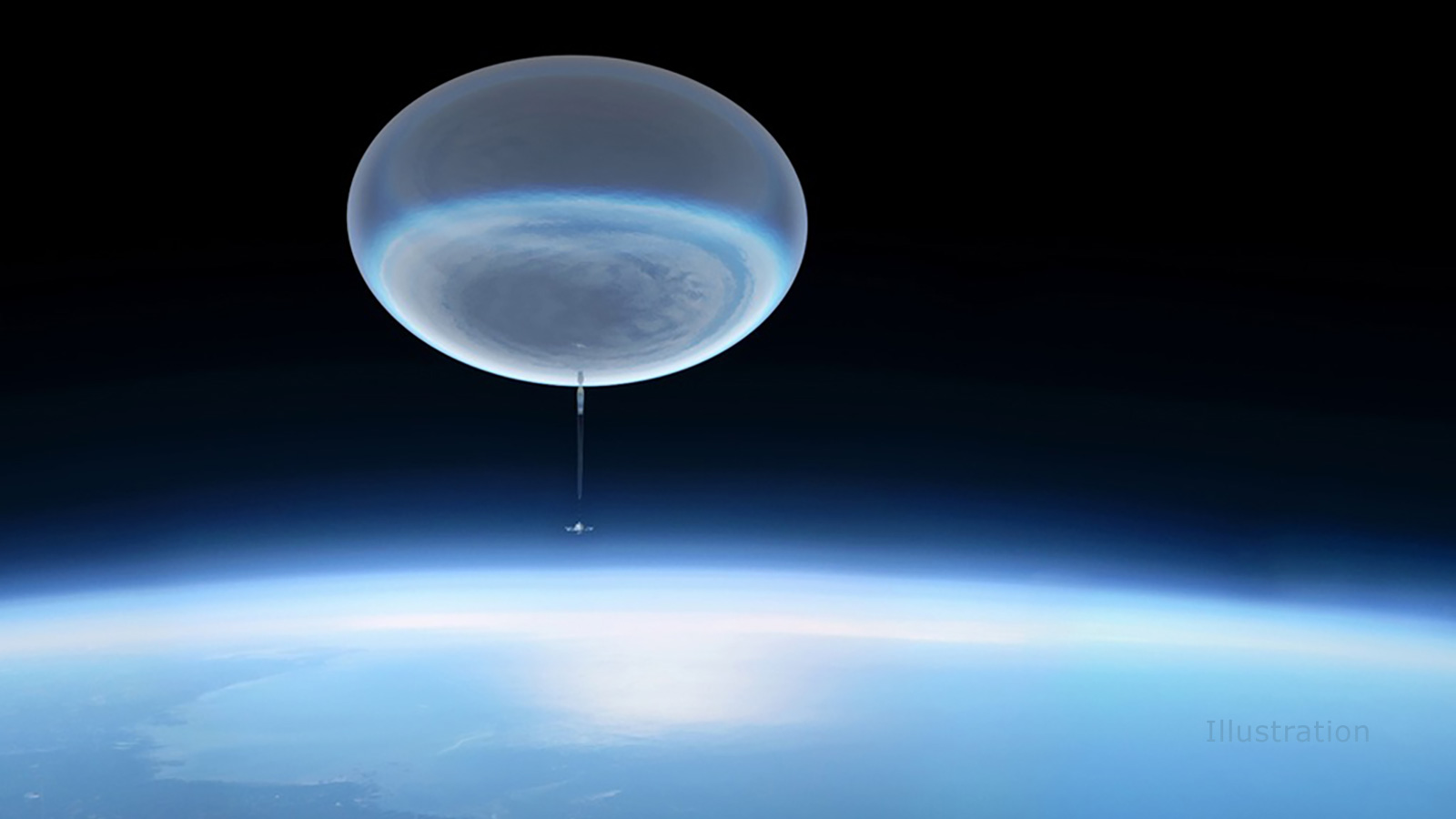 An illustration shows a reflective balloon floating in Earth's stratosphere carrying a device covered in metal scaffolding and solar panels.